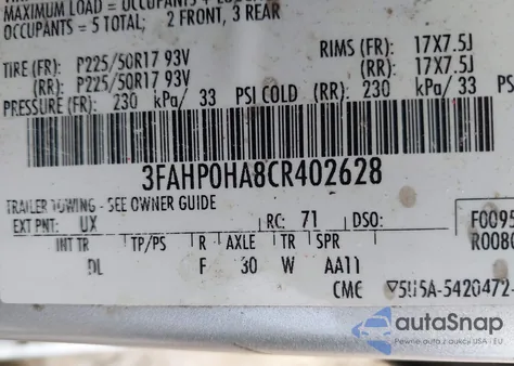 2012 Ford Fusion Se z USA, uszkodzony, nr VIN 3FAHP0HA8CR402628